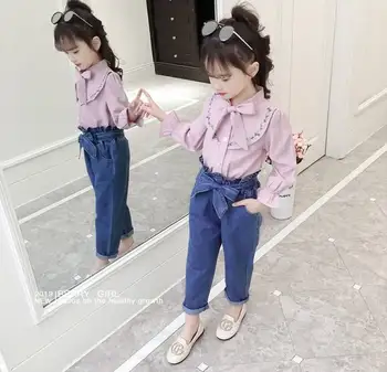 

Girls Clothes Sets Baby Girl Long Sleeve Shirt Top+Jeans Suits Kids Clothing Solid Color Printed Children's Clothes 2Pcs Set