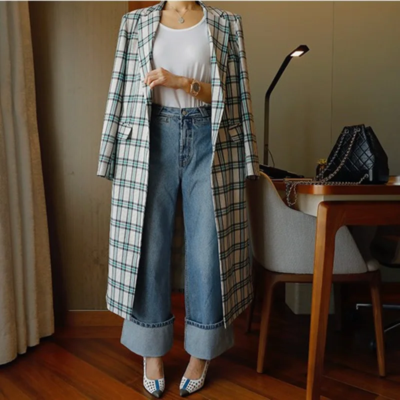 Fashion Green Plaid Lapel Long Sleeve Single-breasted Slim Windbreaker Woman Vintage Simple Fashion Tide Autumn Coat New TD193