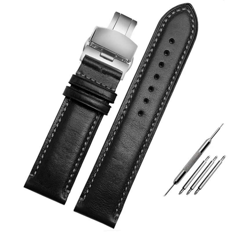 Для замены Citizen AT8020 JY8078 браслет из натуральной кожи ремешок 23 мм синий ремешок с раскладной пряжкой браслет - Band Color: black folding clasp