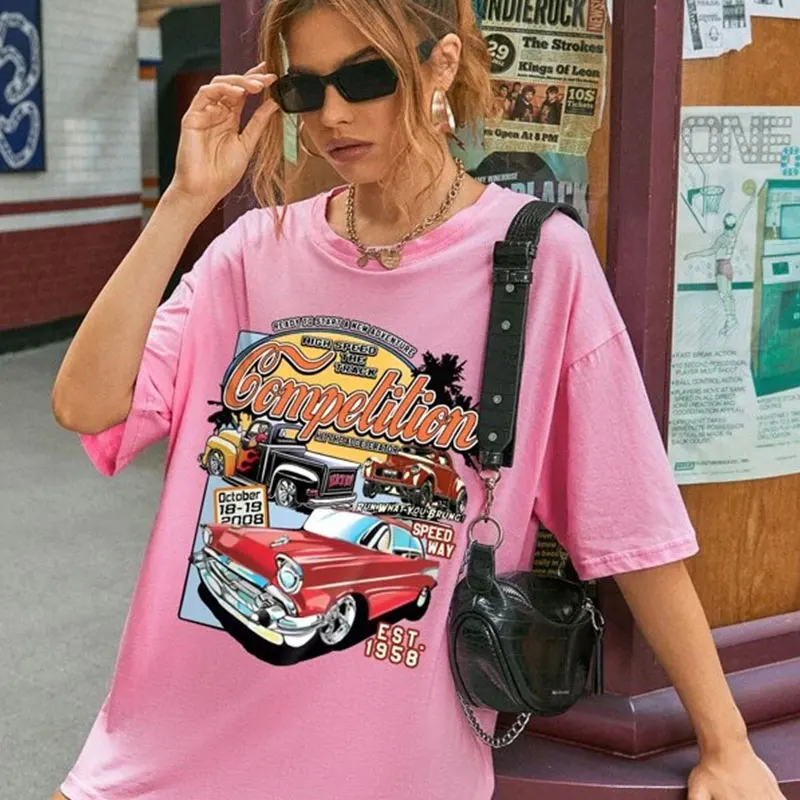 sunfiz YF DreamCar Women Tshirt Hawaii Graphic T-shirt Car Print Short Sleeve Oversized Top Summer Harajuku Ladies | Женская одежда