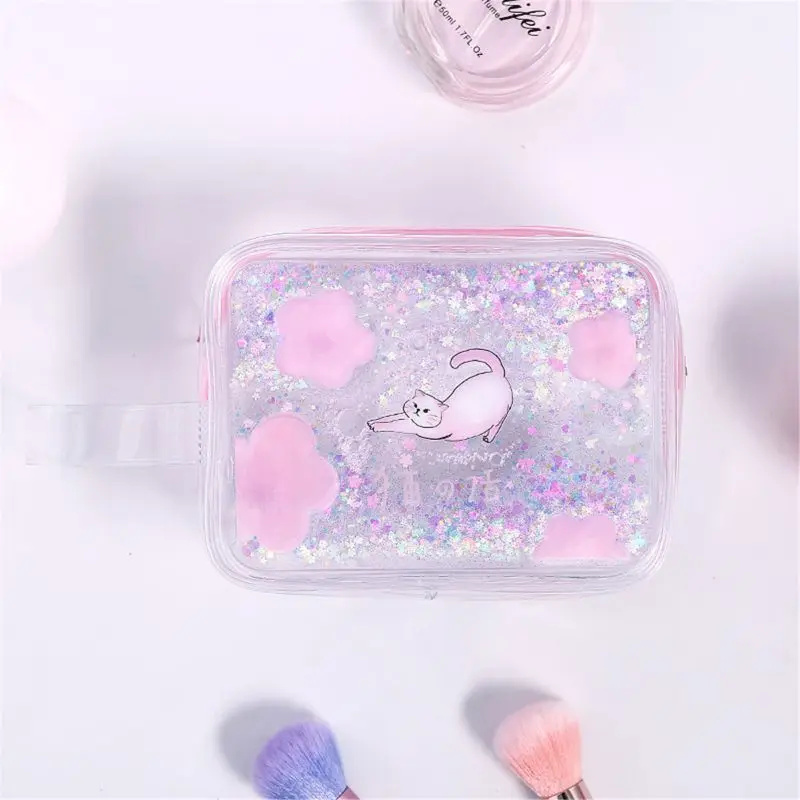 D Kawaii Sakura Cat Transparent Case Girls Makebrush Comestic Bags Pencil Box E65D - Цвет: D