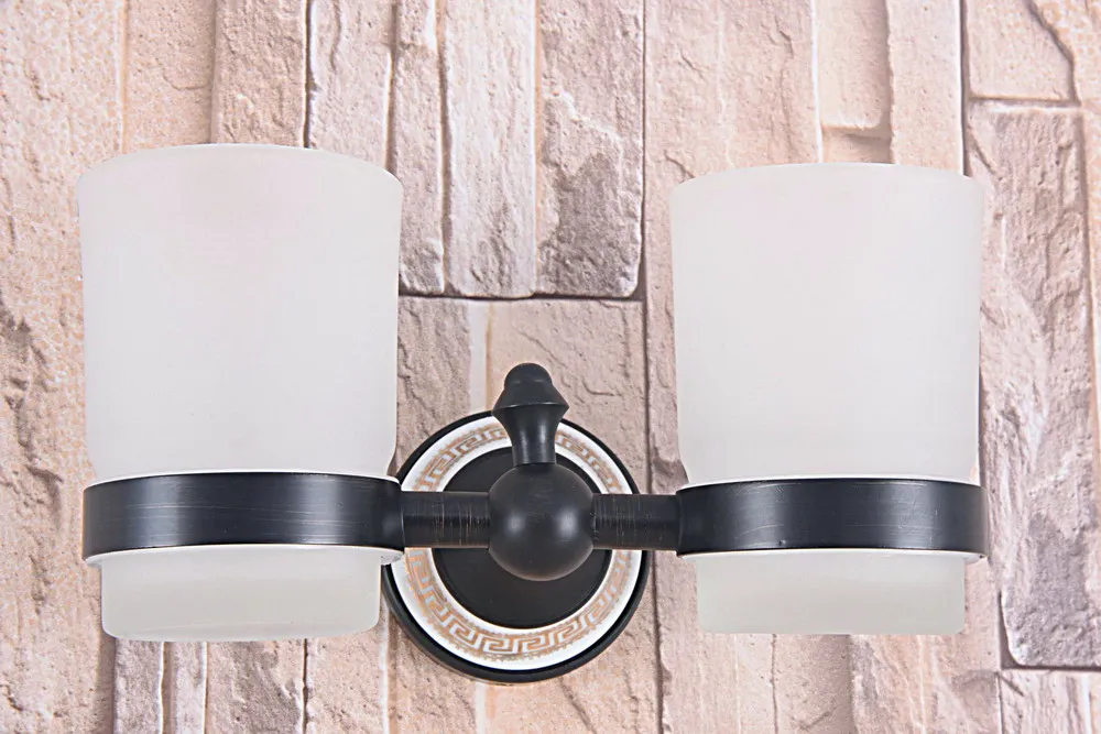 

Wall Mounted Black Oil Rubbed Brass Bathroom Accessory - Double Frosted Glass Tumbler/Toothbrush Holder tba709