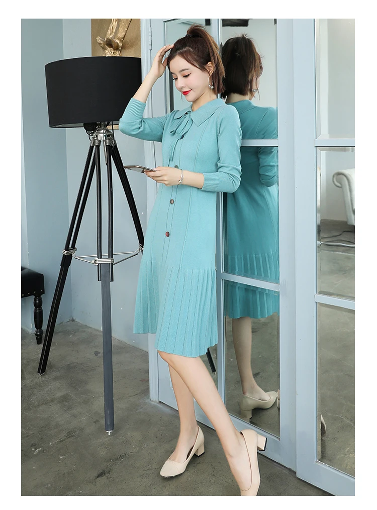 Bowknot Women Knit Dress Turn Down Pleated Hem Midi Knit Dress Korean Sweet Elegant Slimming Autumn Winter Women Dress - Цвет: Sky Blue