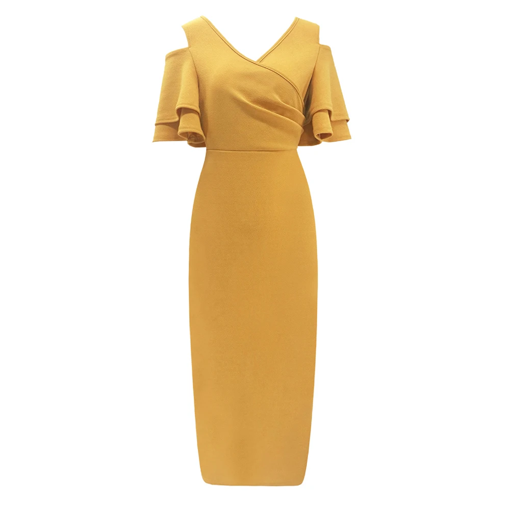 

Best Seller V-Neck Pure Color Falbala Sleeve Bodycon Dress