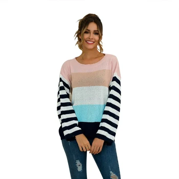 

2019 Crewneck Sweaters Pullover Women Round Neck Long Sleeve Color Block Striped Soft Casual Jumper Winter Autumn Knitted Tops