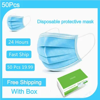 

Disposable Protective Mask 3 layers Blue Filter Meltblown Cloth 50 Pcs Anti-Dust Anti-Fog Pollen Breathable Earloop Mouth Mask