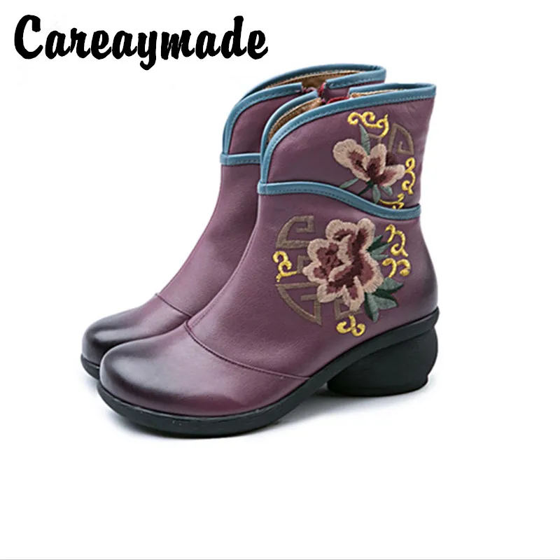 Careaymade-Genuine Leather women boots Autumn&ampWinter New Ethnic Style Lady's Mid-boots with Round Head Embroidery Rest Boots | Обувь
