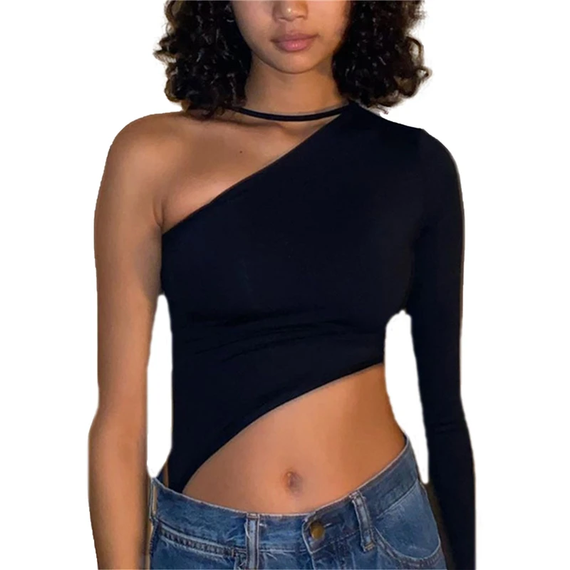 

Women's One Shoulder Strap Top Sexy Long Sleeve Solid Color Slim Fit Irregular Hem Shirt Ladies Tshirt Woman Clothes Tee Shirts