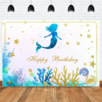 

Mermaid Birthday Photography Backdrop Princess Happy Birthday Photo Background Blue Golden Star Coral Sea Theme Party Decoration