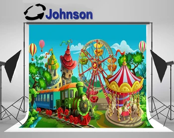 

Discount Cartoon Amusement Carousel Funfair Train Balloons Baby Kid backdrop Computer print party background