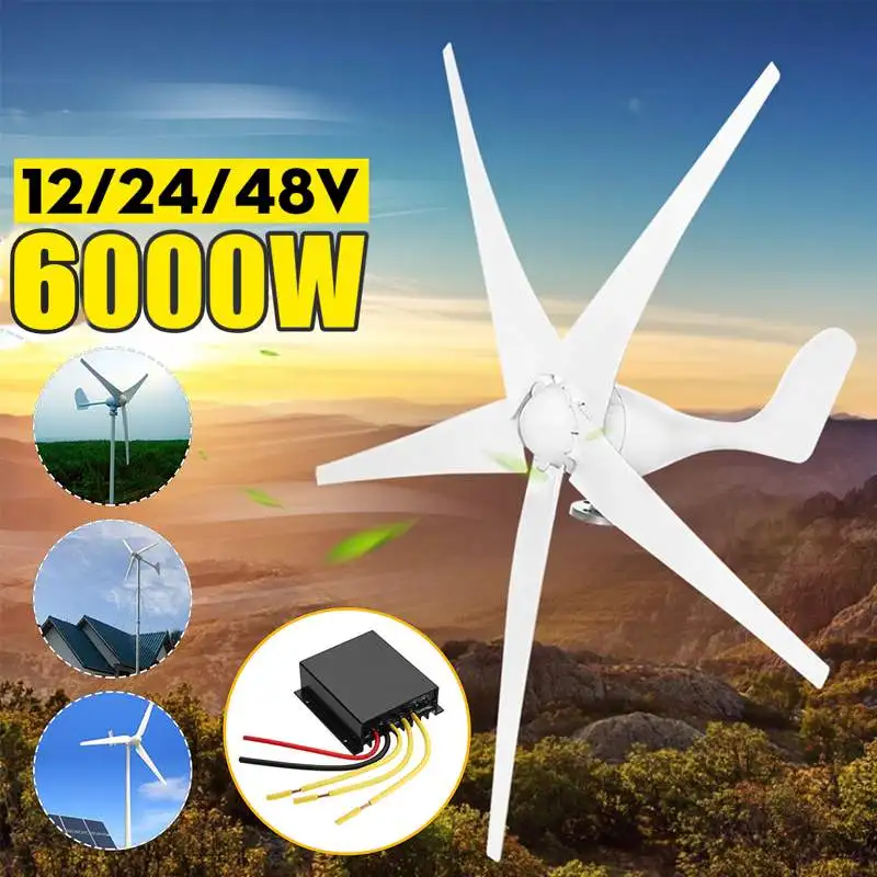 

6000W Wind Power Turbines Generator 48/24/12V 3/5 Wind Blades Option With Charge Controller Fit for Home Camping Streetlight