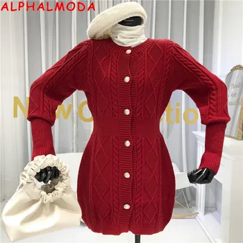 

ALPHALMODA Winter New Arrived Women Twisted Sweater Dress Single Long-sleeve Knit Cardigan Dress
