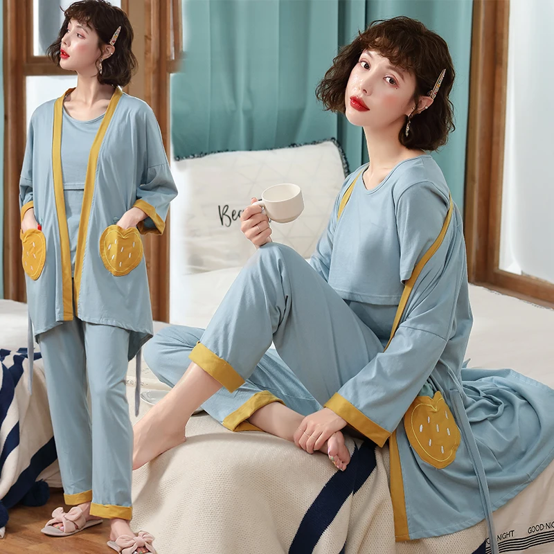 

3PCS/Set Cotton Maternity Nursing Sleepwear Suits Breastfeeding Robe for Pregnant Women Pregnancy Feeding Nightwear Homewear Set