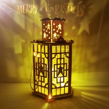 

Christmas DIY Wooden Hexagon Lantern Xmas Tree/Five-pointed Star/Snowflake Light R9JC