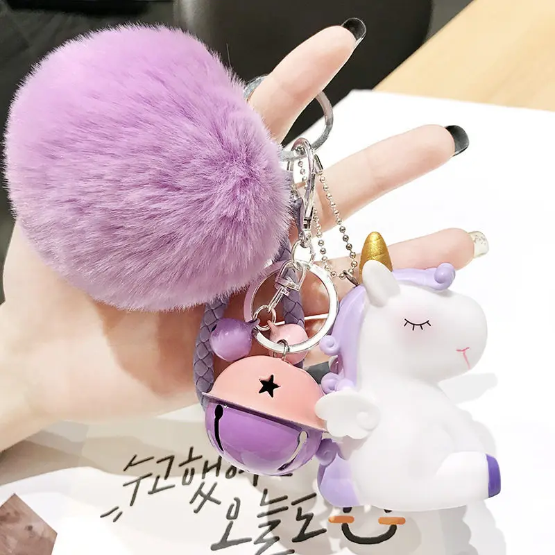 Unicorn glitter pom pom keychains plush silver gold blue pink purple fluffy