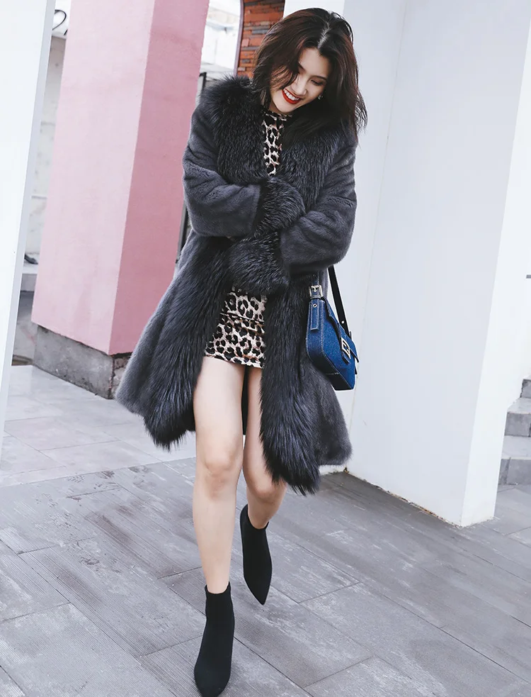 new mink coat Girls long section of the entire large fox fur collar coat 1008