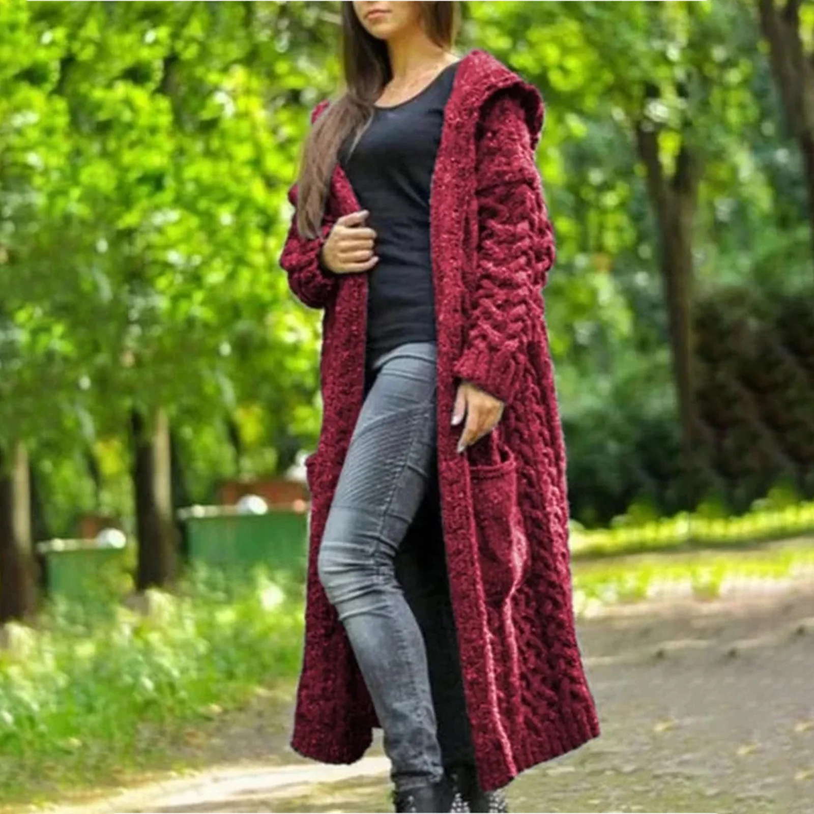 

Casual Knitted Long Outerwear with Hood Thick Long Cardigan Sweater Women XIN-Shipping