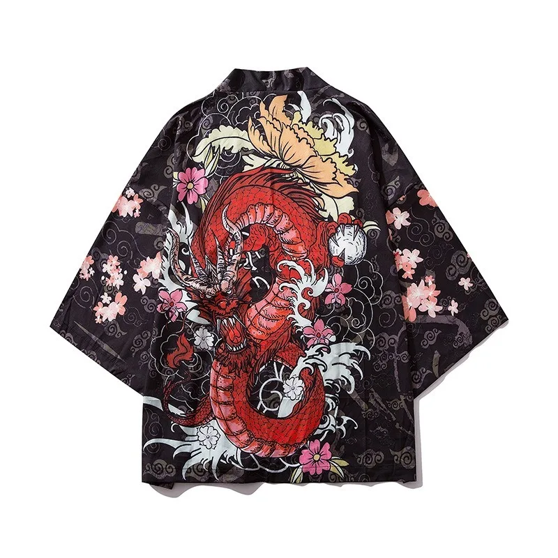 

Deeptown Harajuku Female Cape Vintage Dragon Print Unisex Cloak Fashion Loose Female Clothes Three Quarter Summer Sunscreen Cape