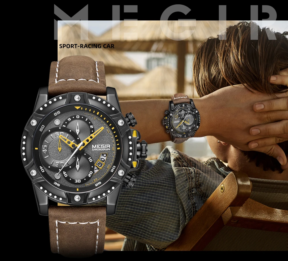 Новые мужские часы MEGIR спортивный кожаный ремешок кварцевые часы модные роскошные Брендовые мужские водонепроницаемые часы многофункциональные наручные часы