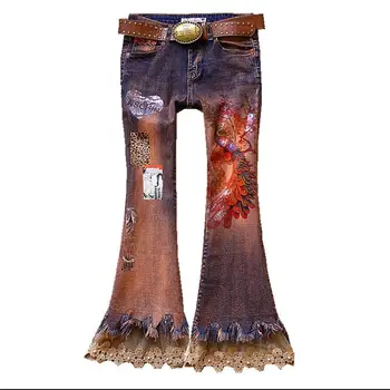 

new fashion women print casual lace flare pants jeans lady beautiful wide leg jeans