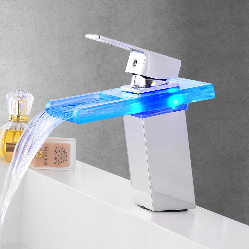 Grifo de lavabo de cascada de cristal con luz LED para mezclador fregadero montado en cubierta colorido con acabado cromado, Torneira Led|waterfall basin faucets|faucets for faucet -
