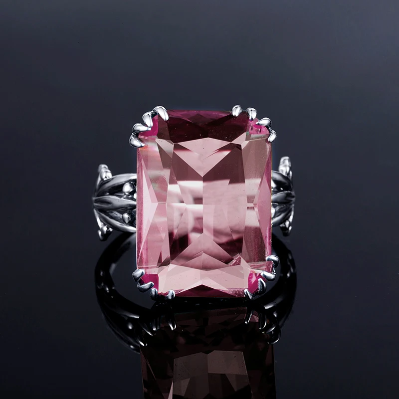 

Fine Jewelry Real S925 Sterling Silver Rings Trendy Vintage Square Pink Crystal Ring Silver 925 Famous Brand Jewelry For Women
