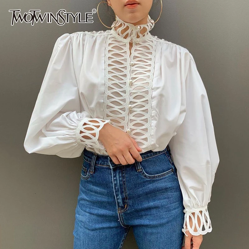 

TWOTWINSTYLE White Hollow Out Women's Shirt Turtleneck Lantern Long Sleeve Female Shirt Blouse 2019 Autumn Fashion New Clothing