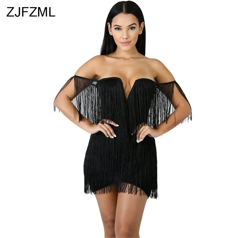 ZJFZML, с кисточками, вышивка, сексуальное платье-карандаш, женское, черное, с вырезом лодочкой, с открытыми плечами, Бандажное платье, элегантное, с открытой спиной, на молнии, мини-платья - Цвет: Black