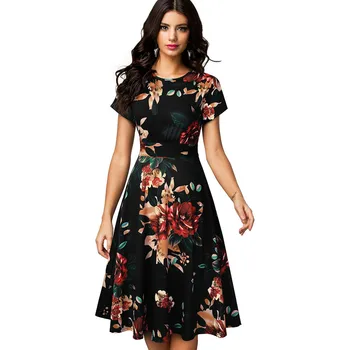 

Brand Vintage Elegant Floral Print Pleated Round neck vestidos A-Line Pinup Business Party Women Flare Swing Dress A102