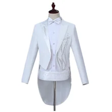 Модный мужской белый смокинг с инкрустацией бриллиантами, Свадебный вечерний банкет, комплект из 2 предметов, приталенный смокинг с отворотом(куртка с хвостом+ брюки