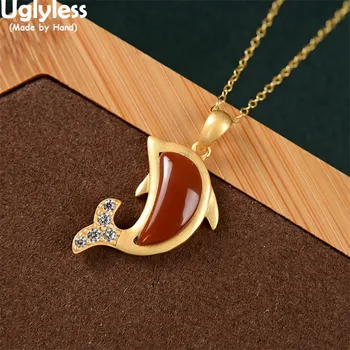 

Uglyless Protect Ocean Jumping Dolphin Necklaces for Women Moon Shaped Agate Pendants No Chains Gold 925 Silver Zircons Jewelry