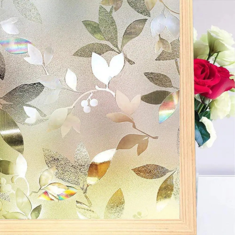 

BUNPIG Stained Decorative Window Self adhesive Film Static Cling Privacy Glass Sticker No Glue 3D Rainbow Leaf Effect for Home