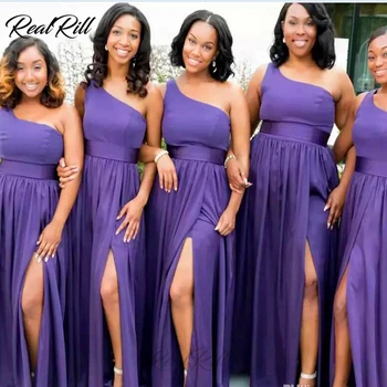 

Real Rill One Shoulder Sexy Side Split Bridesmaid Dresses 2019 Long Floor Length Maid Of Honor Dress Satin Prom Dress