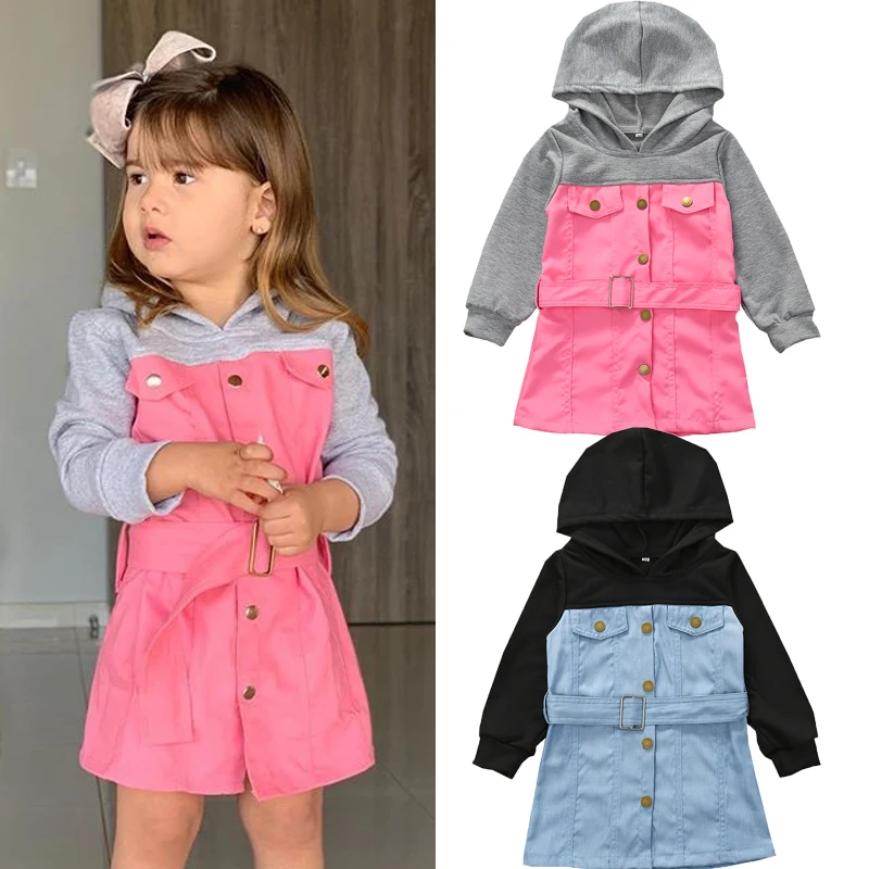 

2020 New Toddler Baby Girls Hooded Dress Clothes Kids Long Sleeve Patchwork Button Outwear Overall Dress