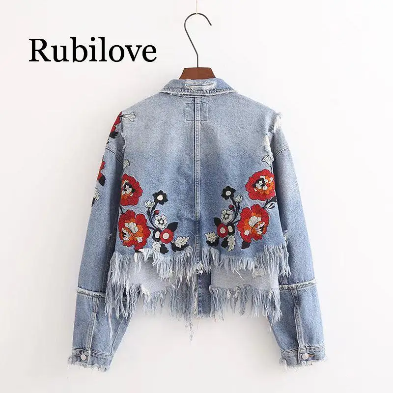 

Rubilove Floral Embroidery Short Jeans Jacket Women Loose Ripped Holes Denim Coats 2019 Spring Autumn Harajuku Tassel Cowboy Out