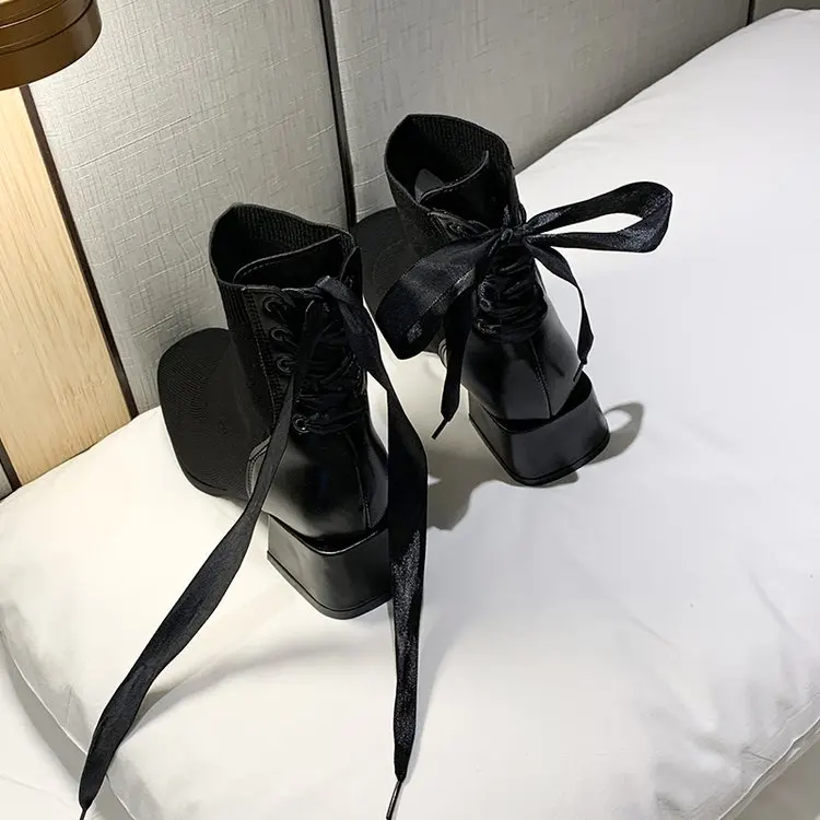 Women's Black Thick Mid Heel Short Ankle Boots Fashion Cute Sweet Bow Tie Solid Color Knit Socks Boots Casual Shoes New Listing