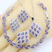 925 серебряные ювелирные наборы для женщин сиреневый циркон браслет серьги ожерелье кулон кольцо коробка для свадебного подарка