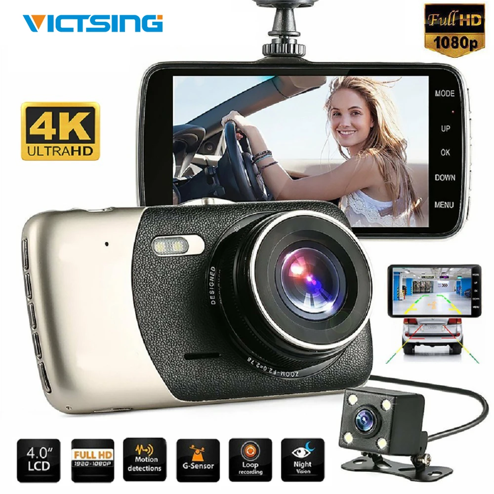 

Victsing Car DVR Dual Camera Lens 4.0 Inch 1080P Front and Rear Camera DVR Wide Angle Video Recorder with G-sensor Night Vision