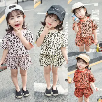 

2PCS Child Toddler Kids Clothing Set Little Baby Girl Short Sleeve Leopard Printed T-shirt Tops+Shorts Pants Outfits 1-5T