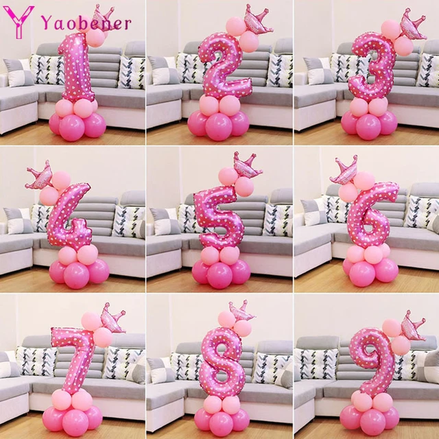 Globos de látex de aluminio para fiesta de cumpleaños, decoración de 13  piezas, corona de números rosa, para niños y niñas de 1 a 2 años, 3, 4, 5,  6, 7, 8 y 9 años - AliExpress