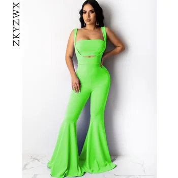 

ZKYZWX Sexy Two Piece Rompers Womens Jumpsuit Summer Clothes Bodysuit Club Outfits Off Shoulder Crop Top Flare Jumpsuit Overalls