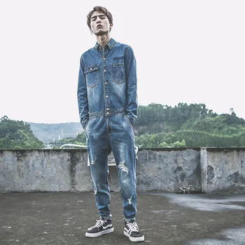 

Spring and autumn jumpsuit overalls denim jumpsuit male hole small feet denim jacket jumpsuit suit male
