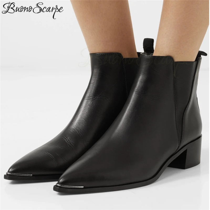 

Buono Scarpe Women Black Leather Chelsea Boots Jensen Ankle Botas Mujer Metal Pointy Toe Short Boots Fenimina Elastic Band Shoes
