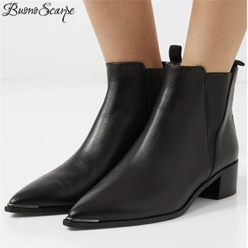 

Buono Scarpe Women Black Leather Chelsea Boots Jensen Ankle Botas Mujer Metal Pointy Toe Short Boots Fenimina Elastic Band Shoes