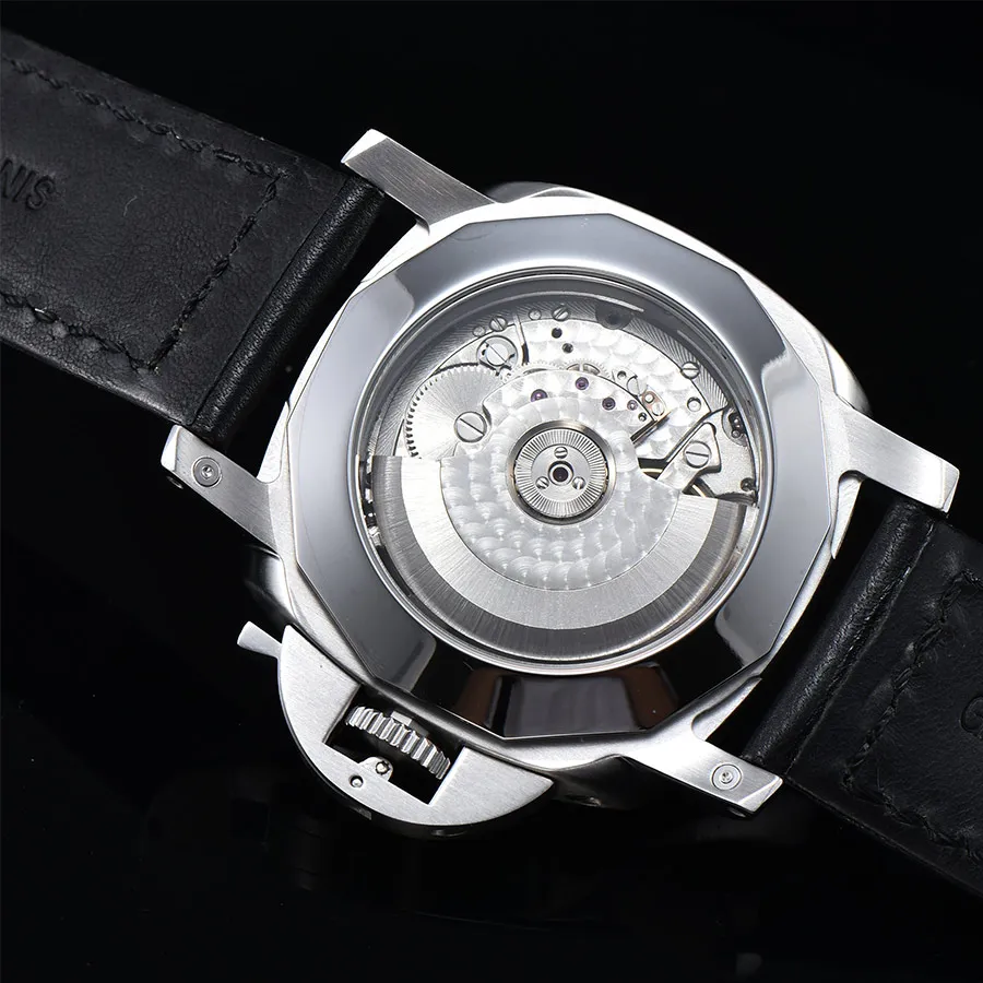 44mm Watch Men Power reserve Automatic Mechanical GMT Leather Strap Case luminous Sports military watch men P-01