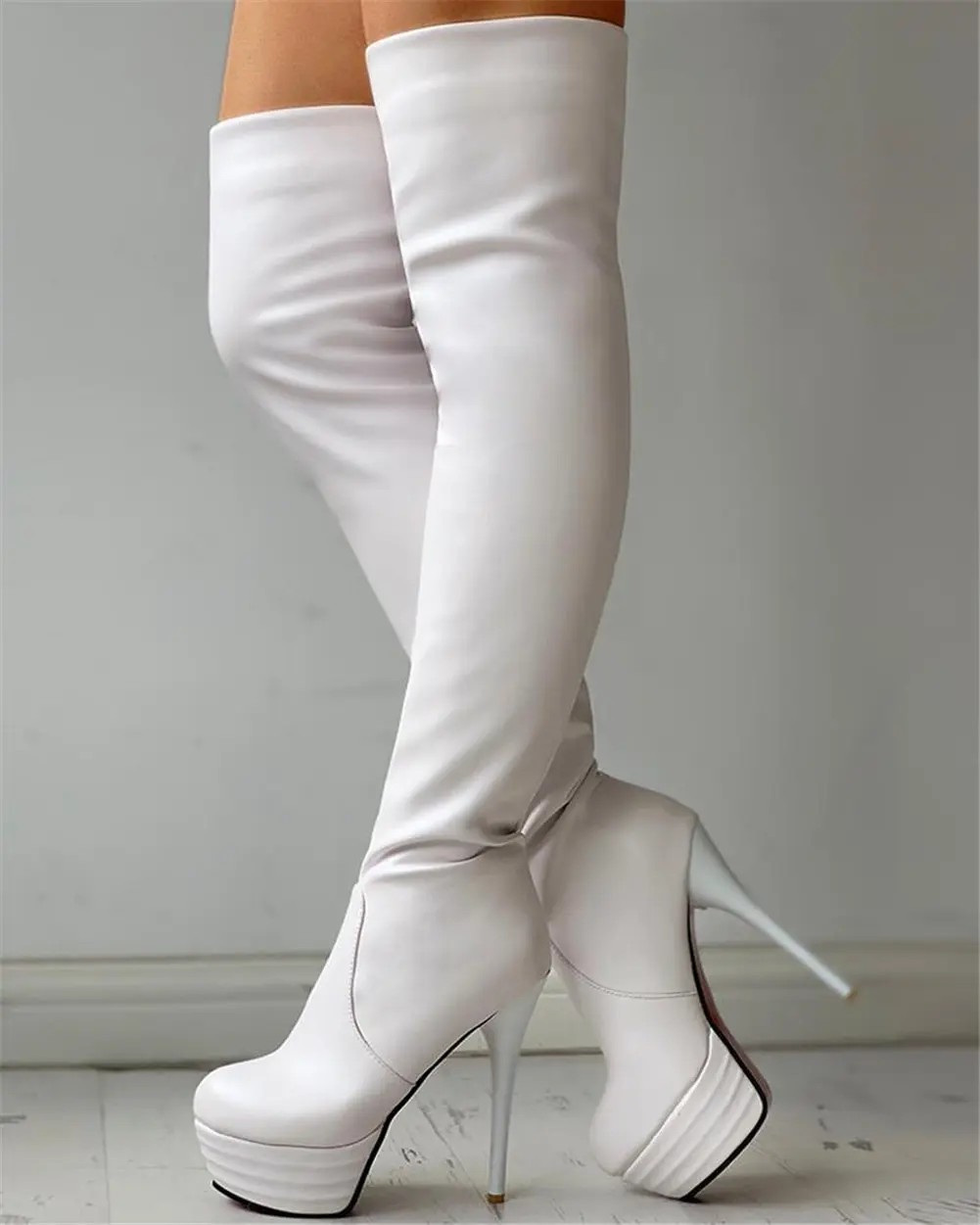 Plus Size 31-46 Ladies Sexy Extreme High Fetish Thin Heels Party Shoes Women Winter Add Fur Platform Thigh High Boots Woman