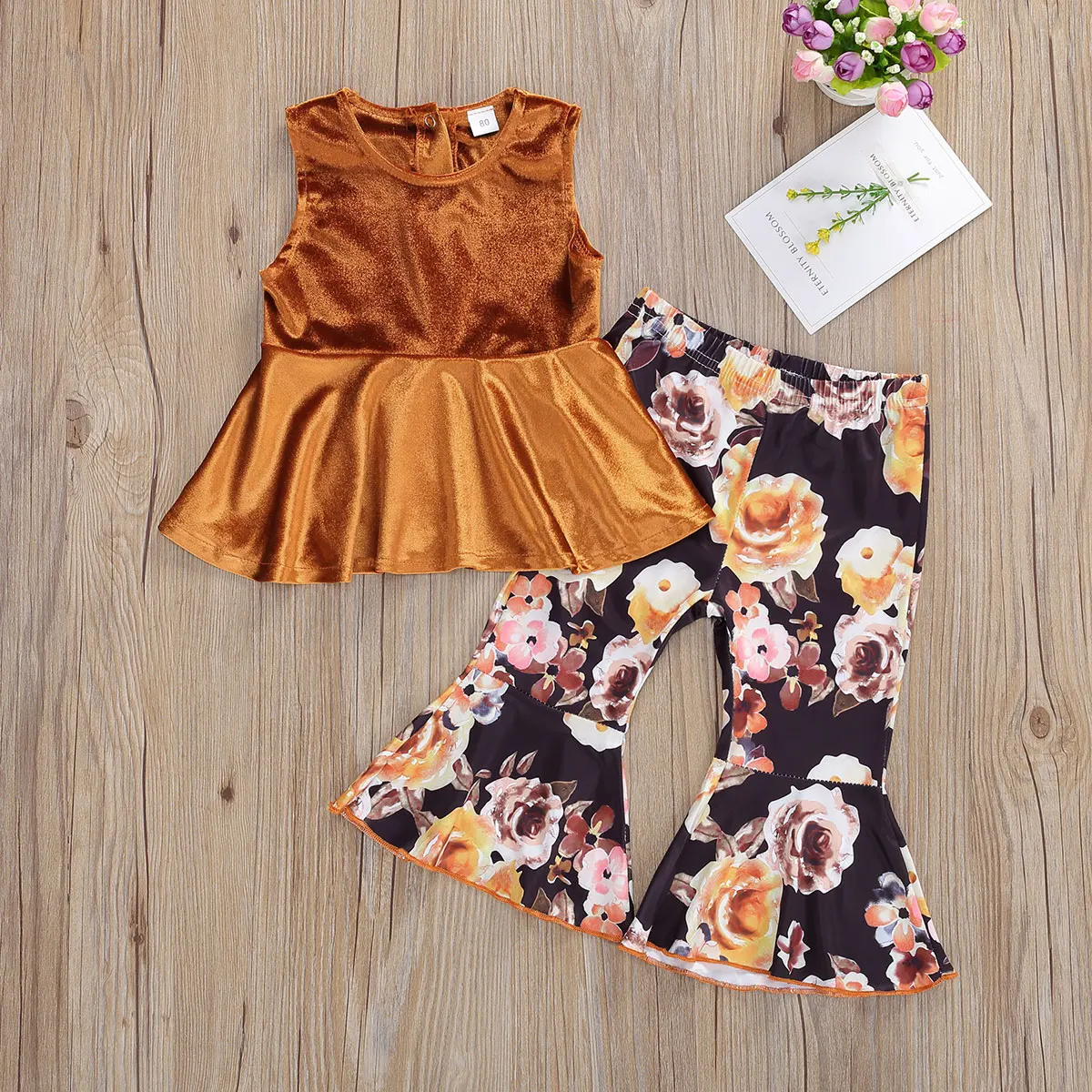 Осенняя одежда для маленьких девочек футболка без рукавов с оборками + штаны