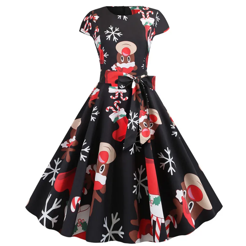 Винтажное рождественское платье с круглым вырезом, женское платье 50s 60 s, элегантное вечернее платье, Повседневное платье с коротким рукавом и цветочным рисунком размера плюс, Vestidos