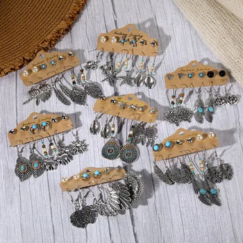 

IPARAM 2020 Vintage Boho Moon Feather Earrings For Women Moon Elephant Shell Leaf Geometric Earring Set Fashion Ethnic Jewelry