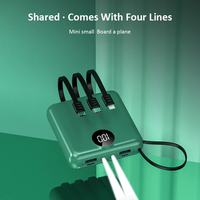 Mini Power Bank Portable Charger Digital Display 20000mAh External Battery Built in 4 Cables Powerbank Dual LED Light Powerbank